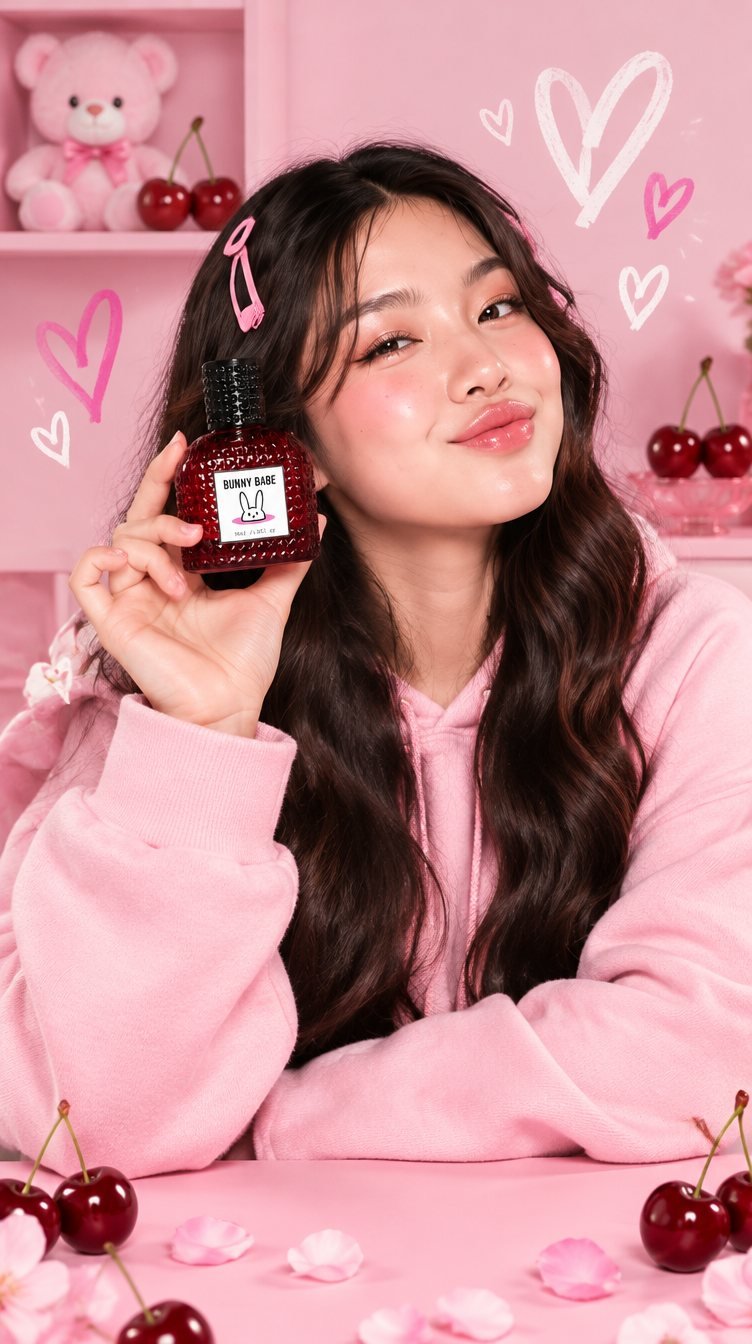 Girl in a pink hoodie holding a Bunny Babe perfume bottle